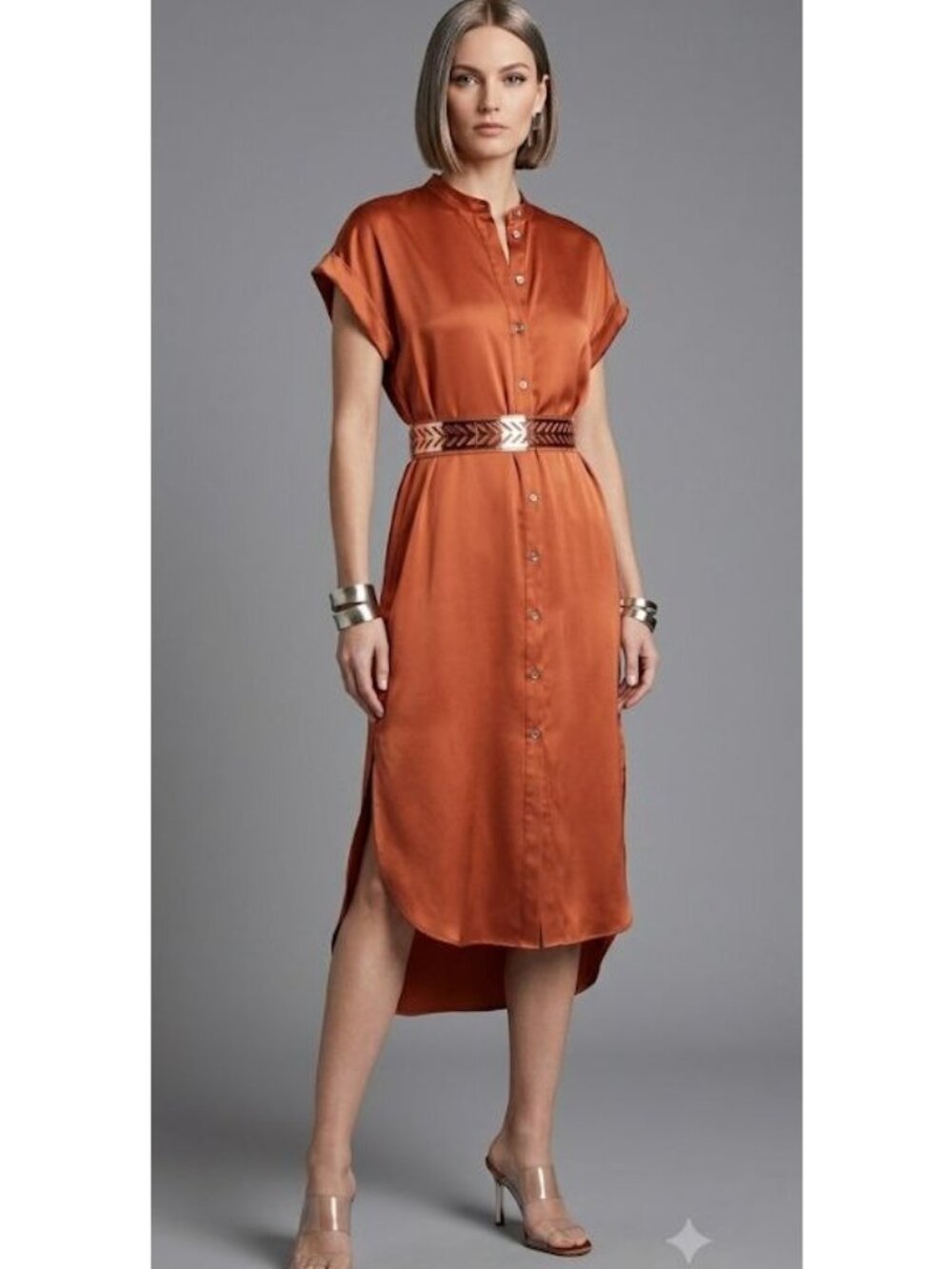 Banana Republic Silk Size M Button-Down Rust Midi Dress Short Sleeve Resortwear - Picture 4 of 12